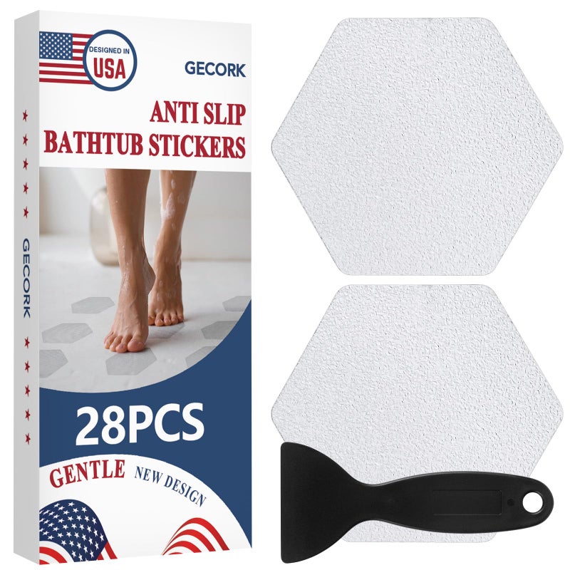 Gecork 28 PCS Shower Floor Non Slip Stickers with Strong Adhesive  Invisible & Durable Anti Slip Shower Stickers with Scraper for Bath Tub  Pools and Stairs(Clear Hexagon) - Image 1